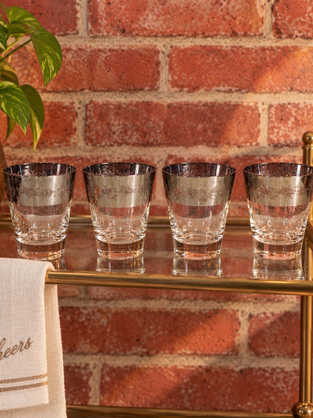 Vintage MCM Etched Floral Silver Shot Glass Set